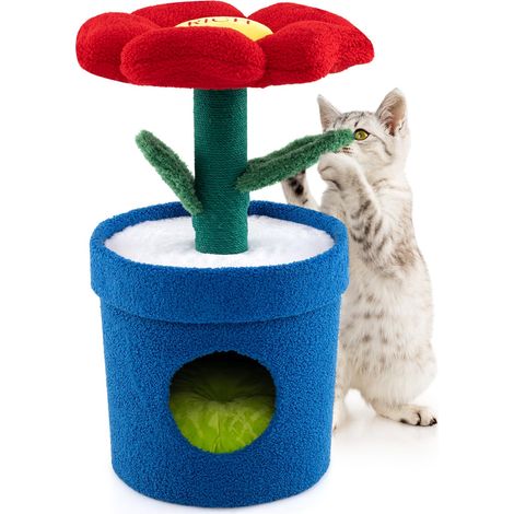 COSTWAY Albero per Gatti con Posatoio a Forma di Fiore, Condominio a Forma di Vaso, Tiragraffi a Forma di Stelo, Foglie Flessibili, Centro di Attività Versatile per Animali Domestici (Rosso) (1/5)