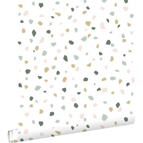 Papier peint imitation terrazzo blanc, rose clair et vert menthe – 53 cm x 10,05 m – Intissé écologique facile à poser – Estahome