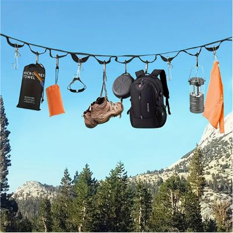 Lanière noire d'extérieur avec 19 boucles Corde à linge de camping, rangement de camping, corde pour suspendre les tentes, corde pour sécher le linge.