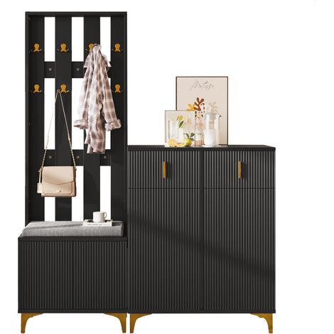 Ensemble de garde-robe avec banquette et coussins, façade de la garde-robe avec crochets, armoire à chaussures avec tiroirs et portes design