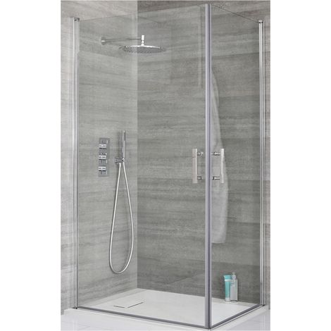 Milano Portland Chrome Corner Walk In Wet Room Double Hinged Door Shower Enclosure with White Slate Effect Tray and Fast Flow Waste - 800mm x 800mm (1/5)