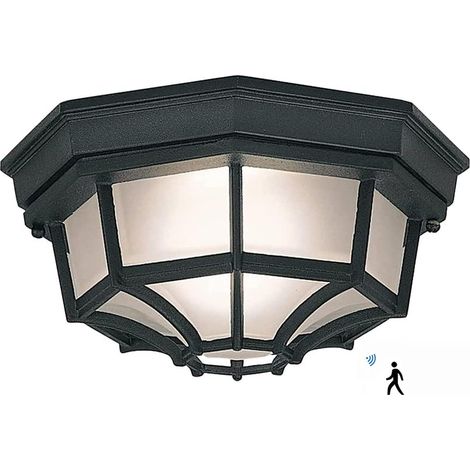 Plafonnier extérieur LED 12 W : applique murale classique avec détecteur de mouvement, en métal et verre noir, idéale pour les espaces extérieurs nécessitant un éclairage intense. (1/5)