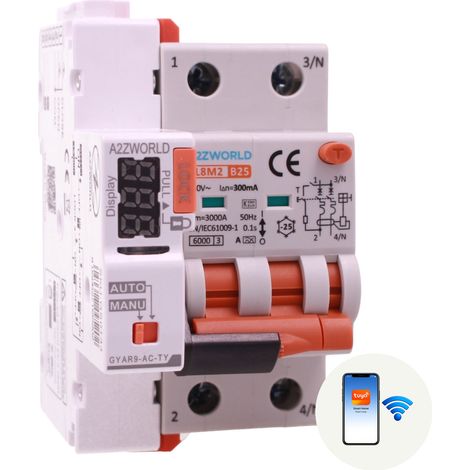 RCBO Interruttore Magnetotermico Differenziale WIFI Con Riarmo Automatico, Tipo A - SI Curva B 2P Veri 3M 6000A 300mA, AC 230V IP20 PL8M2, Disponibili 6A 10A 16A 20A 25A 32A 40A (B25A) (1/3)