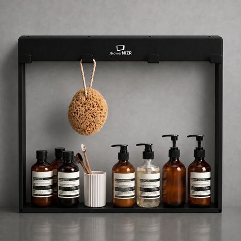 ShowerNIZR® Étagère de douche Obsidian Black - Étagère de douche sans perçage à suspendre sur paroi en verre en acier inoxydable avec 4 crochets (1/5)