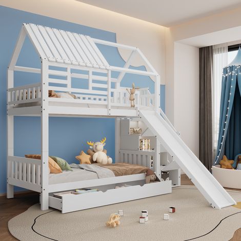 Lit superposé 90x200 cm avec toboggan et escalier, Lit cabane enfant avec rangements et tiroir de lit, Bois de pin et MDF robuste, Blanc (1/5)