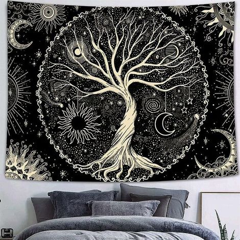 Tree Wall Tapestry Nature Fabric Wall Decor Bedroom Bohemian Wall Hanging Psychedelic Mandala Canvas Wall Art Japanese Tapestry for Living Room Dorm (Gold, 130x150cm) (1/4)