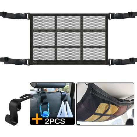 Filet De Rangement Pour Plafond De Voiture - Double Étage - Charge Maximale 20 Kg - Fixation Sur Poignées Plafond Ou Clips Coffre - Réglable - Polyester Militaire (1/5)