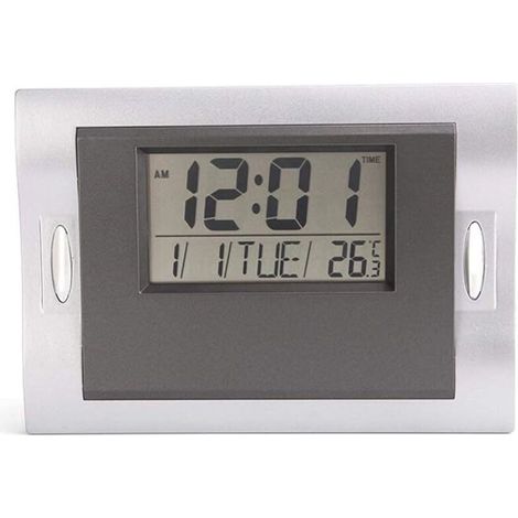 Moderner, geräuschloser Wohnzimmerwecker, LCD-Bildschirm, kreativer elektronischer Wecker, Uhrzeit/Datum/Wochentag/Temperatur, Tischuhr (grau) (1/4)