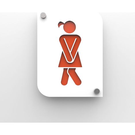 Pictogramme toilettes femmes design - Plaque de porte PMMA blanc - Fond personnalisable - 20x15 cm - 2 plaques 3 mm - Fixation inox 13 mm (1/5)