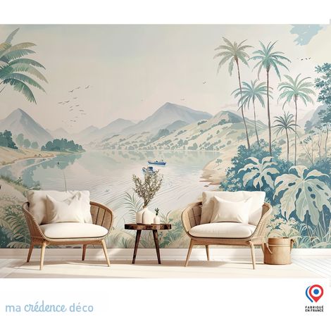 Papier peint : Lac et palmiers et montagnes, Aquarelle - Intissé - 200 cm - 280 cm (1/5)