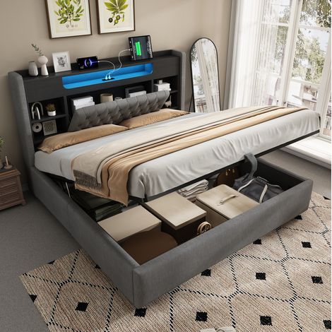 Cama tapizada 223x168x115 cm con cabecero con estante y carga USB, iluminación LED, lino gris (1/5)