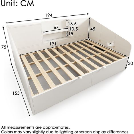 Lit double jour 140x190 cm blanc, structure bois avec 2 tablettes, grand espace de rangement & port de charge USB/Type-C, sommier fourni, lit compact (sans matelas)