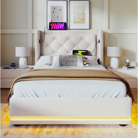 Cama con almacenamiento de algodón beige 90x200 cm, LED 3 lados, USB y Type-C, somier de láminas y colchón incluido (1/5)