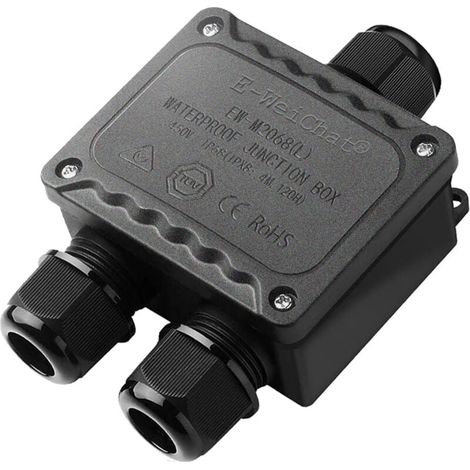 Wasserdichte 3-Wege-Verteilerdose (IP68) für den Außenbereich mit M25-Kabelverschraubungen für Kabel mit Durchmessern von Ø4 bis Ø14 mm, kleine schwarze Elektrodose für Außenbeleuchtung, Garten und Sc