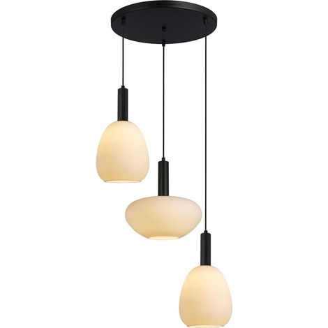 Suspension ronde noire, verre opalin, 3xE27 Italux Gater