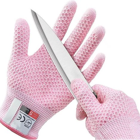 Pack de 5 guantes resistentes al corte, EN388 Nivel 5, guantes resistentes al corte, guantes resistentes al corte, aptos para alimentos, color rosa (1/4)