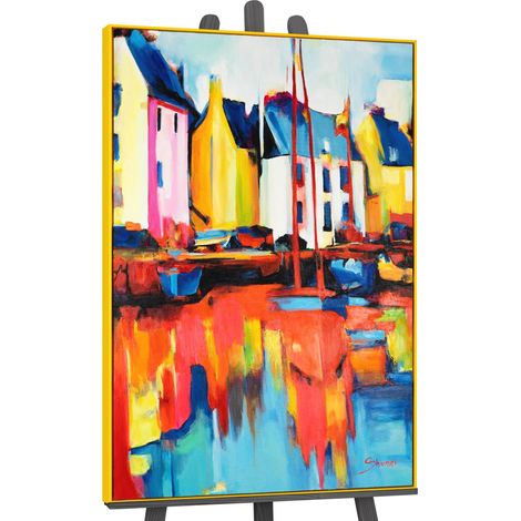 Gemälde Yachten und Hafen Rahmen Rot 120x80 cm (1/4)