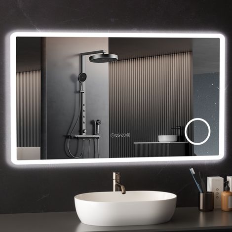 Miroir LED Intelligent avec Heure et Température AquaWise Loupe Grossissante 3X Intégrée - Anti-buée - 120 LEDs/m - Miroir Lumineux Dimmable 12070cm