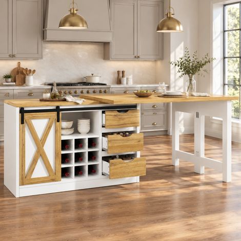 Isla de cocina extensible 120-197 cm con mesa, 3 cajones y puerta corredera REDOM (1/5)