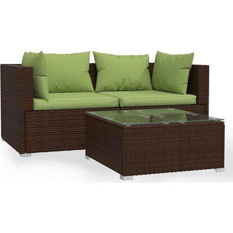 Salon de jardin bas résine tressée meuble extérieur marron avec coussins verts 3 pièces (1/5)