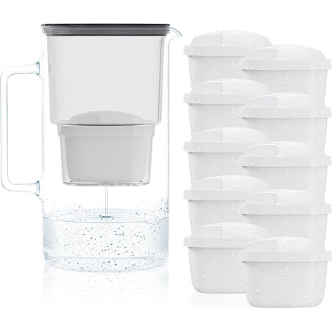 Carafe Filtrante en Verre avec dix Filtres pour Carafes, Compatibles avec Maxtra, Maxtra+, Grande capacité 3 l, Kit Carafe + 10 cartouches- Noir (1/5)