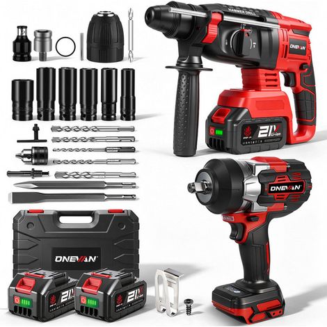 Kit ONEVAN: avvitatore a impulsi 2100 Nm con 12 accessori + martello perforatore, 2 batterie 4 Ah (1/5)