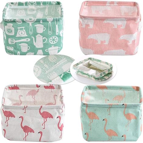 Ensemble de 4 paniers de rangement, petites boîtes de rangement pliables et pratiques en lin, panier de rangement de bureau, rangement en tissu (1/5)