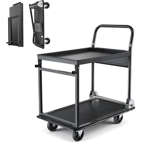 VEVOR Carrello Pieghevole 2 Ripiani per Trasporto Pacchi Merci per Magazzino Carico max. 317,51 kg, Carrello con Piattaforma con Ruote a Pianale da 2 Ripiani, per Garage, Officina, Logistica