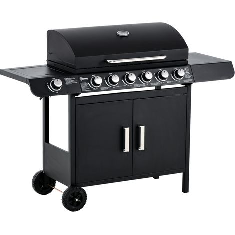 Barbecue à gaz avec couvercle, 7 brûleurs de 20 kW, brûleur latéral et 2 roues, 135 x 50 x 100 cm, noir