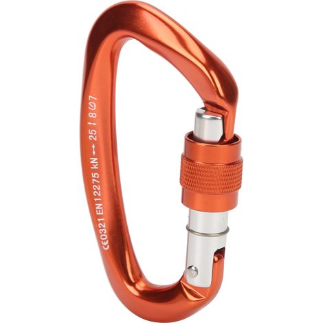 Hochbelastbarer Sicherheitskarabiner aus einer Aluminiumlegierung für den Bergsport, mit D-Ring-Verriegelungssystem, Farbe Mandarin. (1/5)