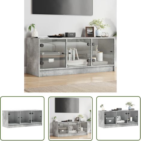 The Living Store TV-Schrank mit Glastüren Betongrau 102x37x42 cm - TV-Schrank - Fernsehtisch - Regal - Wohnzimmermöbel - Holzmöbel (1/5)