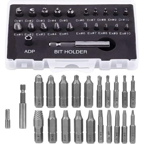 Extracteur de vis cassées 22 pièces – Acier HSS – Embouts Dr1-Dr10 – Extracteurs Ex1-Ex10 – Adaptateur de douille 4 mm (1/5)