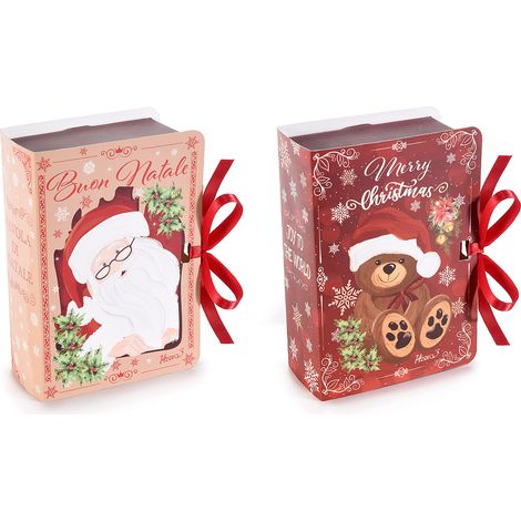 Scatole regalo di Natale in carta a libro con stampa vintage orsetto e babbo natale, set da 30 pezzi, cm 9 x 13 x 4,5 H