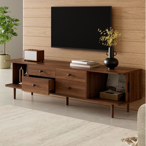 TV Lowboard 165x40x46 cm, mit 4 Schubladen und 2 Schiebetüren, MDF, Walnuss (1/5)