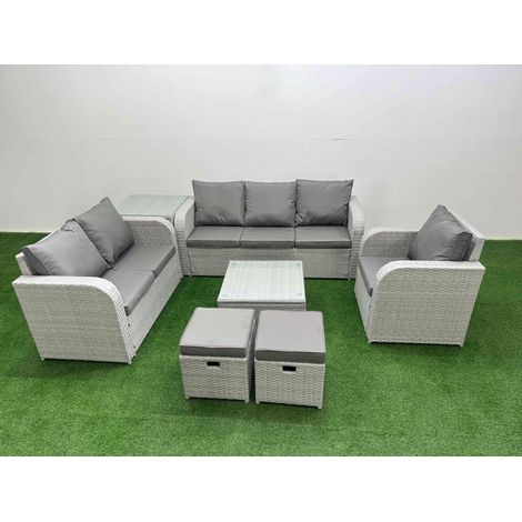 Fimous Patio PE Wicker 8 Seater Outdoor Rattan Furniture Sofa Sets with Square Coffee Table Reclining Chair Loveseat Sofa 3 Seater Sofa Stool Side Table Light Grey (1/4)