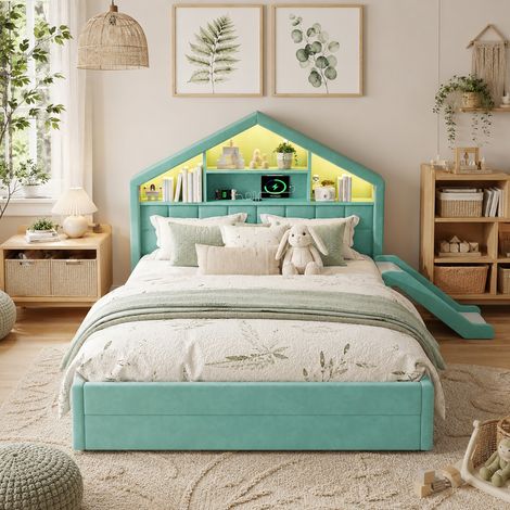 Lit enfant cabane 140x200cm - Glissoire LED USB rangement coffre - Velours - Bleu/Vert (1/5)