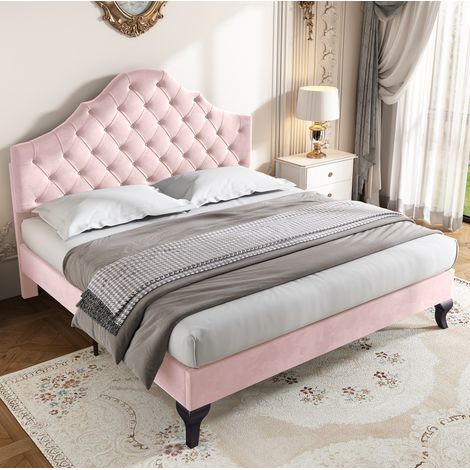 Polsterbett 140/200 cm rosa aus Samt mit höhenverstellbarem Kopfteil und Lattenrost (1/5)