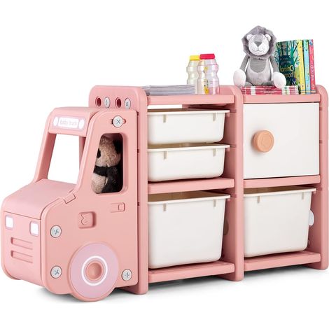 COSTWAY Spielzeugregal, 2 Ebenen Kinderregal mit Schrank und Aufbewahrungsboxen, Bücherregal für Kinder, Kinderzimmer Regal für Spielzeug Aufbewahrung, 110 x 32 x 66 cm Auto, Rosa (1/5)
