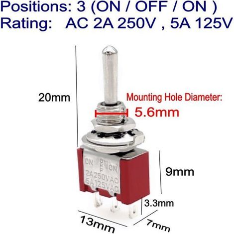 Confezione da 5 mini interruttori a levetta momentanei MTS-123, SPDT a 3 pin On-Off-On, AC 2A 250V, 5A 125V, interruttore a levetta (1/5)