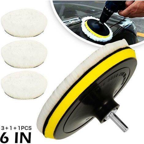 Tampons de Polissage en Laine D'agneau,150mm Peaux de Polissage en Laine avec M14 et Tige Hexagonale Adaptateur Foret, Disque de Polissage Voiture Auto-Agrippant pour Ponçage Polissage