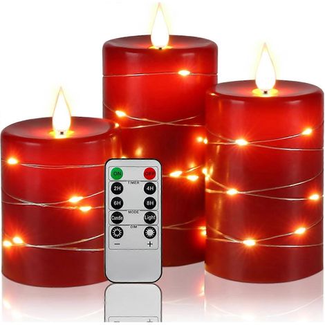Lot de 3 bougies LED avec télécommande à 10 boutons (rouge) (1/4)