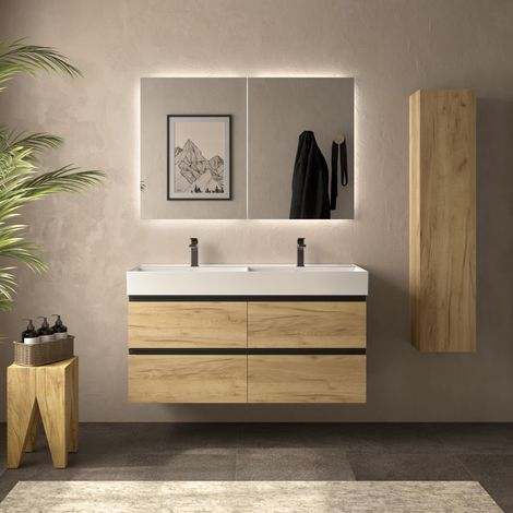 Meuble de salle de bain BEQUIA METAL 120cm Chêne Vasque Veneto Porcelaine Centrale (1/4)