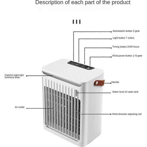 Climatiseur/humidificateur avec 5 vitesses et 7 couleurs d'éclairage pour chambre ou bureau. (1/5)
