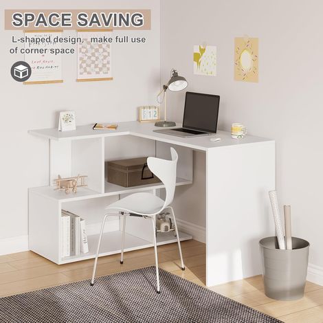Woltu – Bureau d'angle en aggloméré blanc 120x100x77cm – 2 étagères pour livres et décorations – Antidérapant pour protection sol