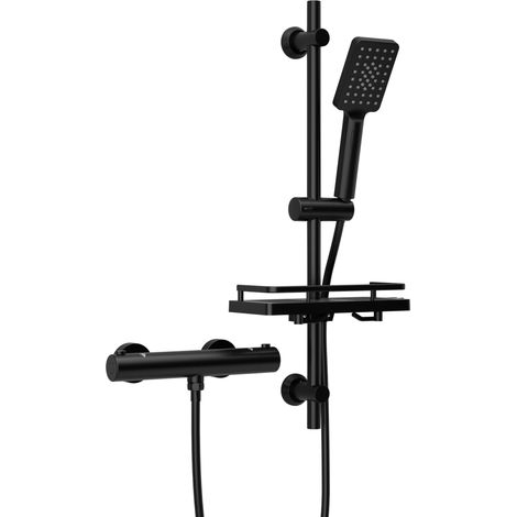 Colonne de Douche avec Mitigeur Thermostatique, Ensemble de Douche en Acier inoxydable avec Douchette et Tuyau, Barre de Douche 70 cm avec Étagère de Douche, Noir (1/5)