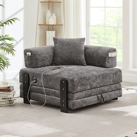 Fauteuil Convertible 2-en-1 - 84x170,5x48cm - Fauteuil Pliant avec Ports USB/Type-C, Coffre de Rangement et Coussin - Gris Foncé (1/5)