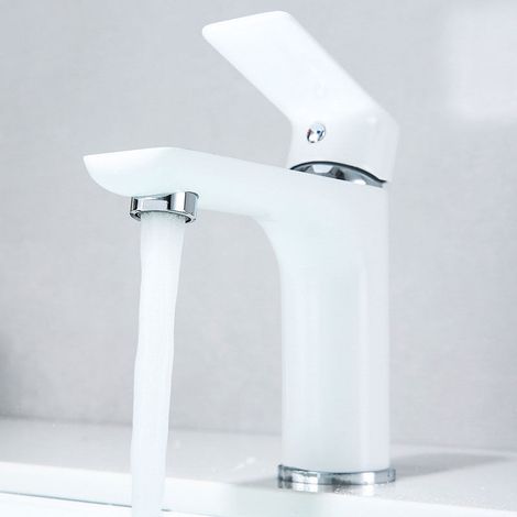 Robinet de salle de bain en à un trou, robinet de salle de bain blanc à poignée unique (1/5)