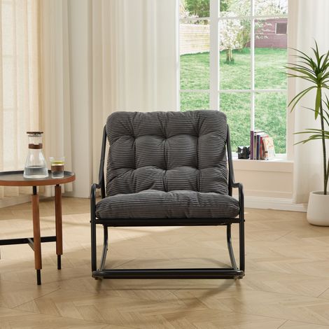 Fauteuil à bascule d'extérieur, coussin confortable et épais, idéal pour le salon, la chambre ou le coin lecture. Structure noire et coussin gris. (1/5)