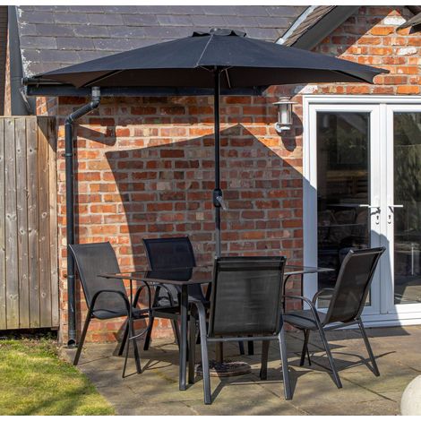 Outdoor 4 Person Rectangular Glass Top Garden Dining Table Chairs With Black Parasol and Base Set (1/5)