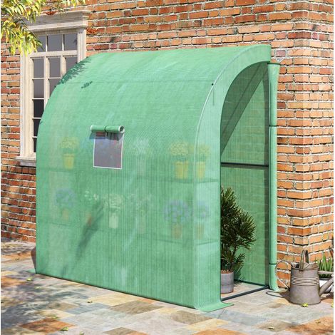 Invernadero adosado 200x100x215 cm verde de acero con cubierta PE, 2 puertas y ventanas enrollables (1/5)